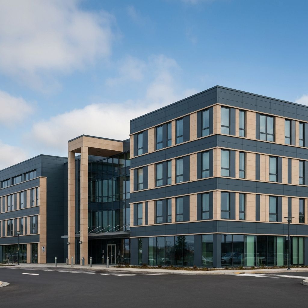 Professional institutional contact aesthetic with geometric shapes suggesting trust