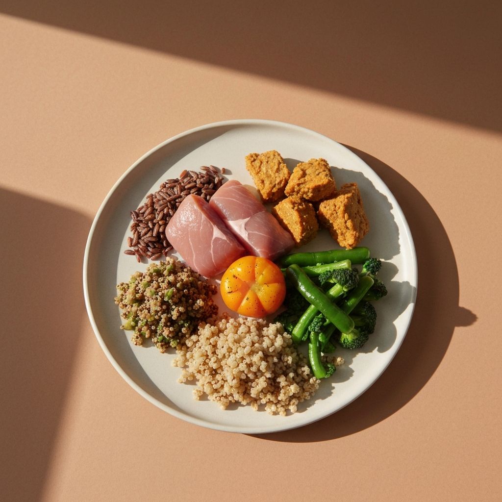 Balanced nutritious plate with proteins, vegetables, and grains under warm lighting