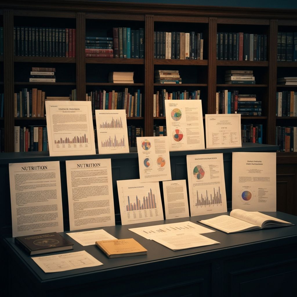 Academic research aesthetic with books and nutritional documentation